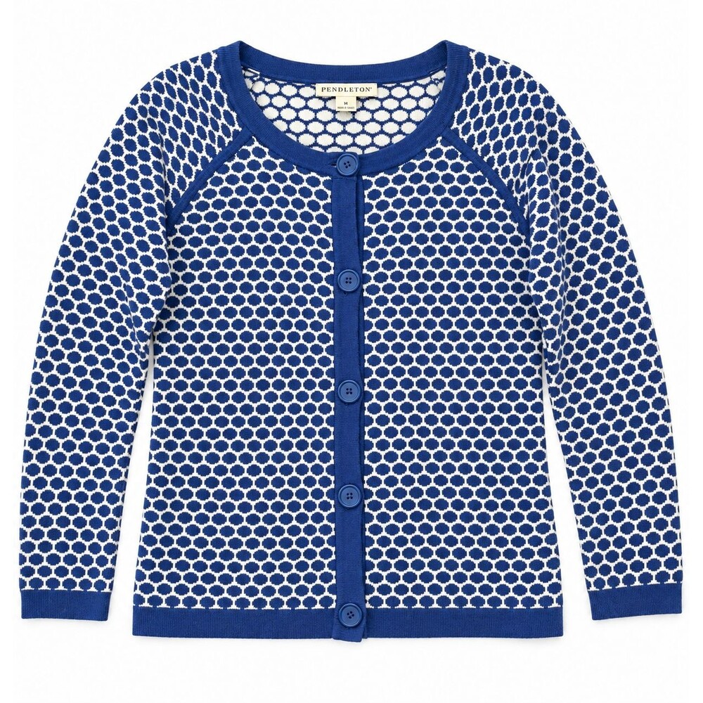 Pendleton Cardigan Sweater Size Medium Blue White Polka Dot Preppy Cotton